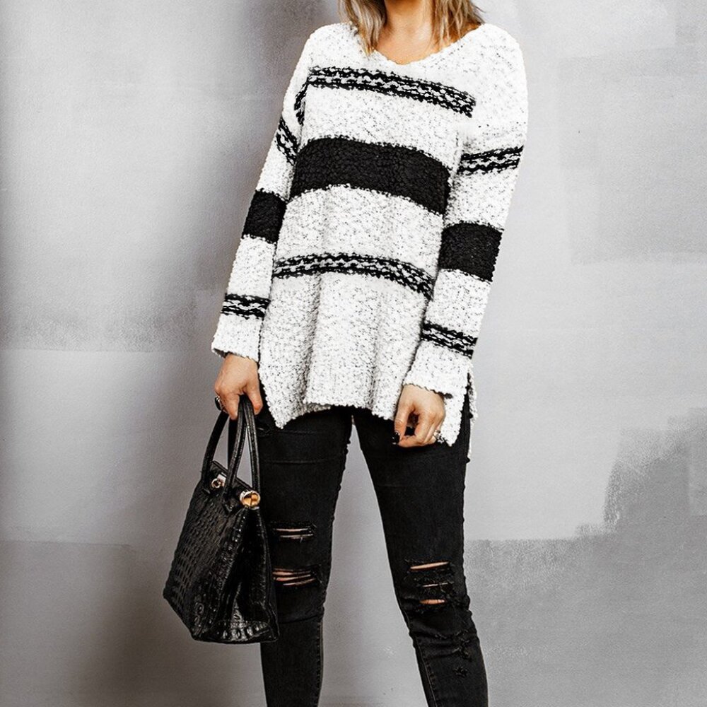 NWOT Cozy Black & White Striped Women's Sweater